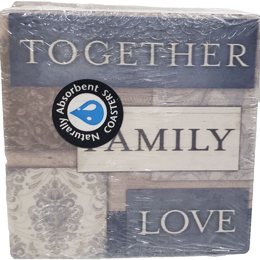 Set of 2 Same Cork Backed Stoneware Coasters (4"x4") TOGETHER FAMILY LOVE, CA